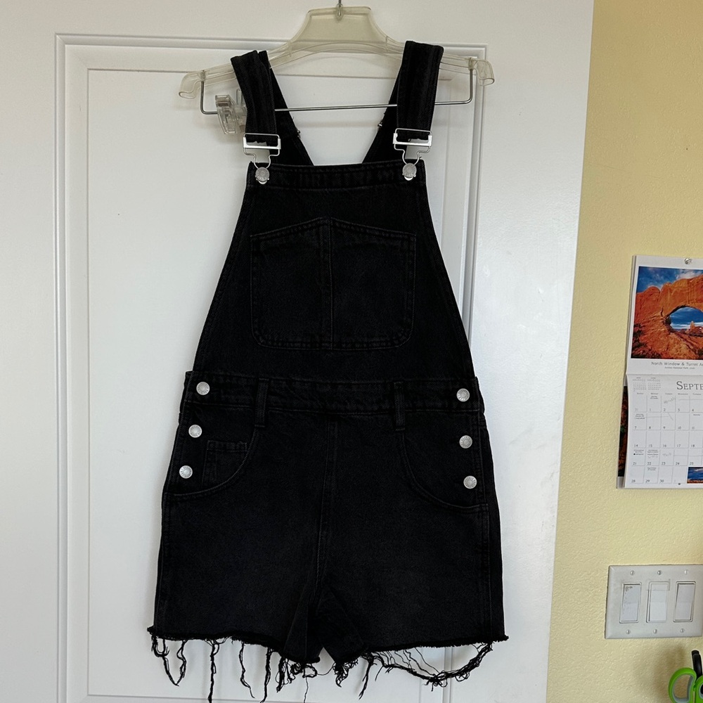 Black Denim Overalls with Frayed Hem